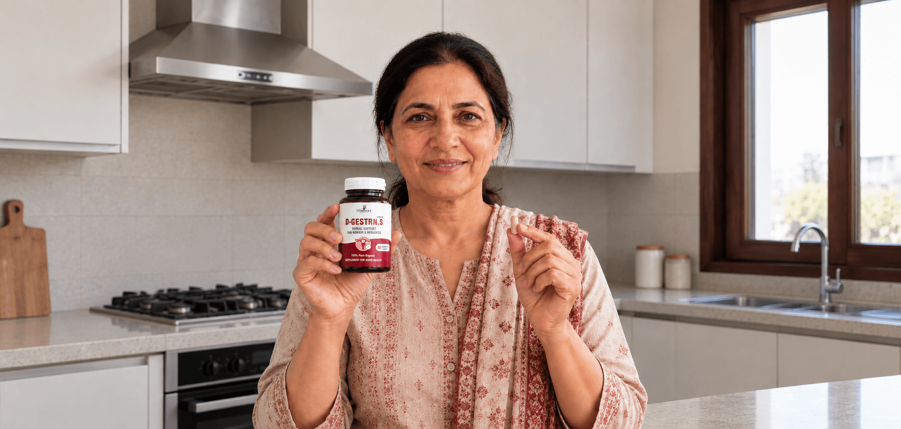 Pakistani woman holding D-GESTRN.S menopause wellness supplement.