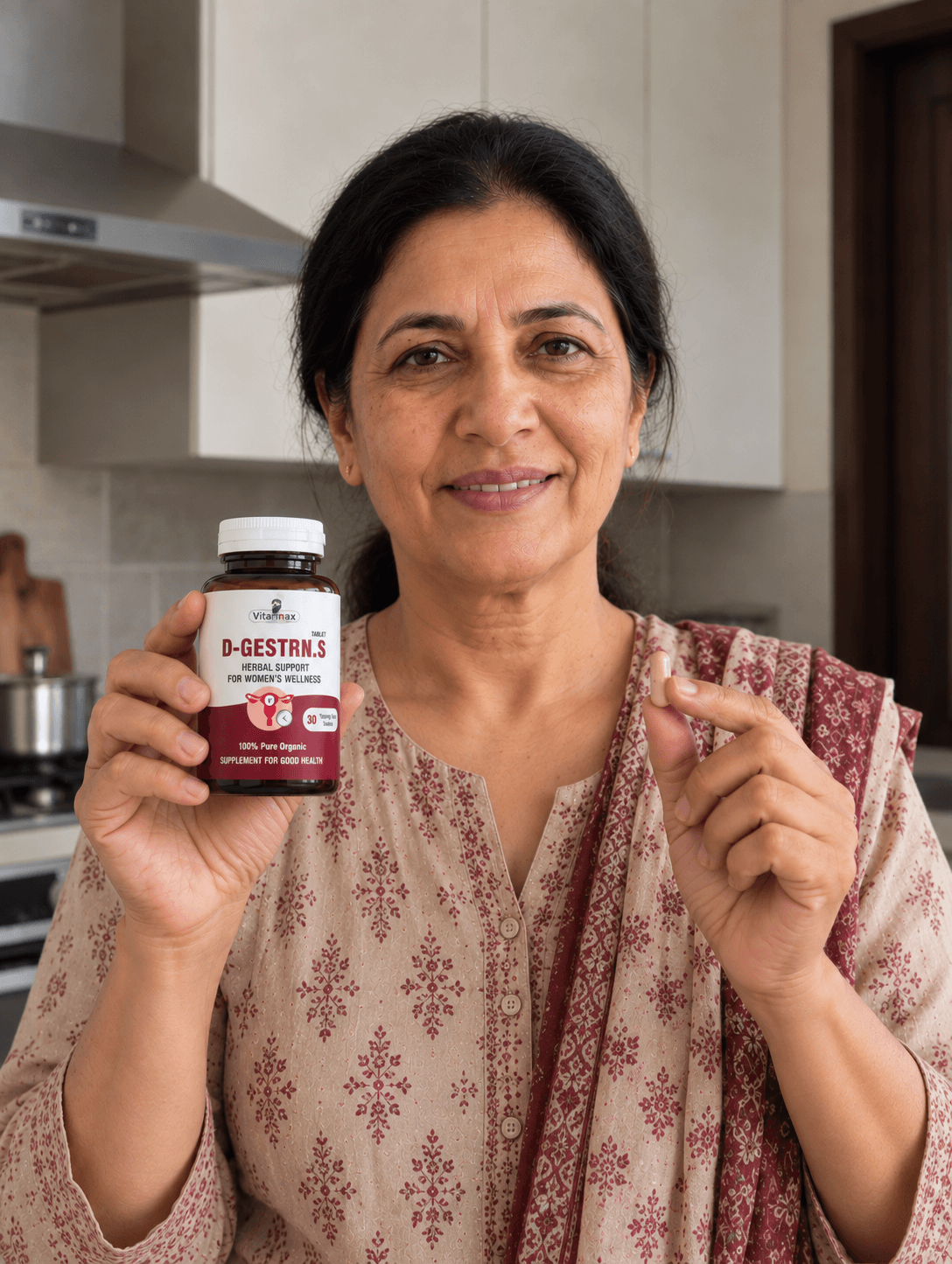 Pakistani woman holding D-GESTRN.S menopause wellness supplement.